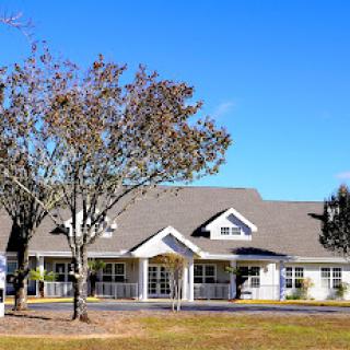 A charming residential building surrounded by trees under a clear blue sky.
