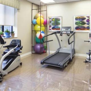 A well-equipped gym room with a treadmill, stationary bike, and colorful fitness balls.