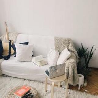A cozy and minimalist living room with a white sofa, laptop, books, and plants.