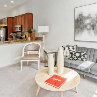 A modern living room with an open kitchen, featuring a stylish sofa, coffee table, and contemporary decor.