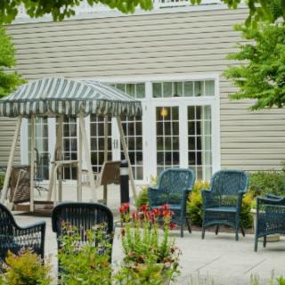 A tranquil patio space with a swing, blue chairs, and lush greenery.