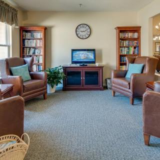 A cozy living room with armchairs, bookshelves, a television, and an indoor plant.