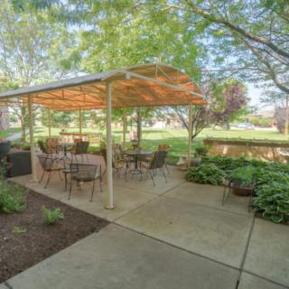 A cozy outdoor patio area with a canopy, surrounded by lush greenery.