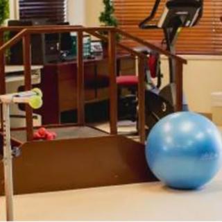 A therapy room featuring balance steps and an exercise ball.