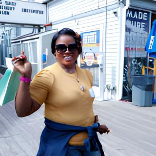 A woman in sunglasses and casual clothing smiles while standing on a boardwalk.