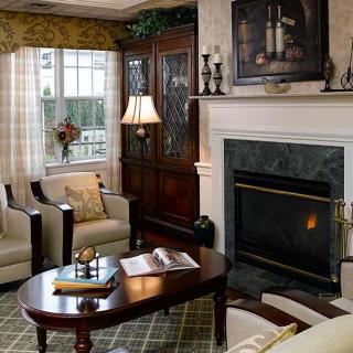 A cozy living room featuring elegant furniture and a warm fireplace.