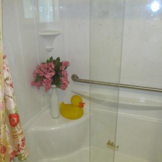 A cozy shower area featuring a rubber duck and a vase of flowers, with a glass door and grab bar.