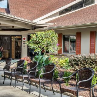 An outdoor seating area with several chairs in front of a building, surrounded by greenery and flowers.