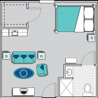 This is a floor plan of a small apartment featuring a bedroom, living room, and bathroom.