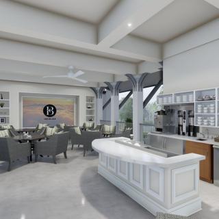 Modern cafe interior with elegant seating and decor.