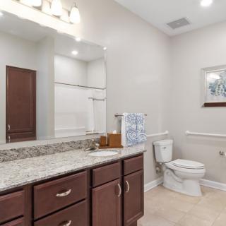 A well-lit bathroom with a granite countertop and wooden cabinets.