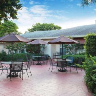 A peaceful outdoor patio area with tables, chairs, and umbrellas surrounded by greenery.