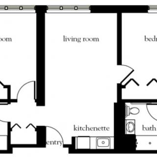 A floor plan featuring a living room, bedroom, kitchenette, and bathroom.