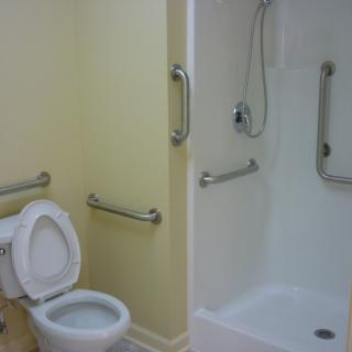Accessible bathroom with toilet and shower featuring grab bars.