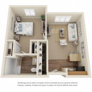 A 3D rendering of a compact 1-bedroom apartment layout with modern furnishings.