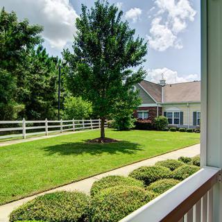 A well-maintained yard with a tree, bushes, and a white fence under a sunny sky.