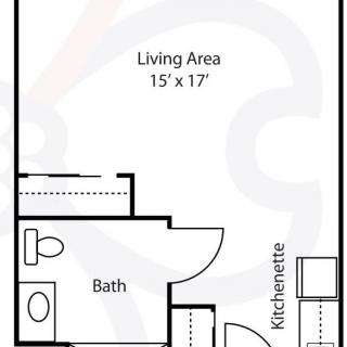 Studio apartment floor plan with labeled living area, bathroom, and kitchenette.