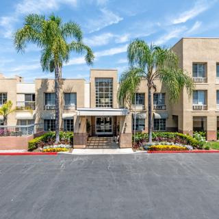 A modern building with palm trees and landscaped gardens on a sunny day.