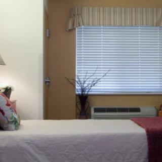 A cozy bedroom interior featuring a neatly made bed, a lamp on the side table, and a window with blinds.