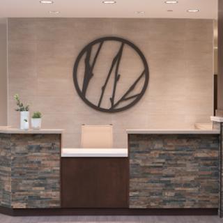 A modern reception area featuring stylish decor and sleek design.