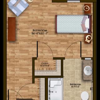 A detailed floor plan of a small apartment, featuring a bedroom and bathroom.