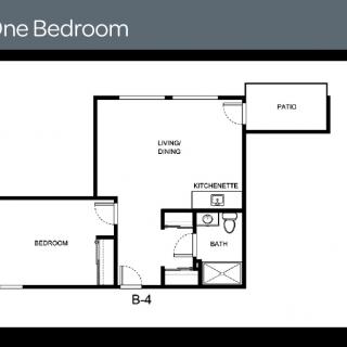 One bedroom apartment floor plan with a living and dining area, kitchen, bathroom, and patio.