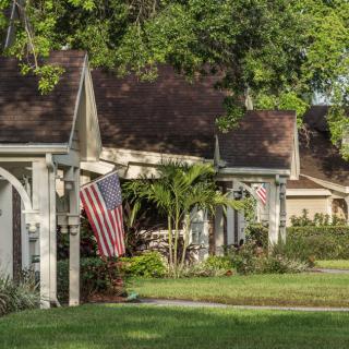 A suburban neighborhood with houses, an American flag, and lush greenery.