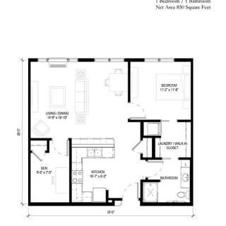 Floor plan of a two-bedroom, one-bathroom apartment layout.