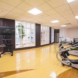 A modern gym with treadmills and bright natural lighting.