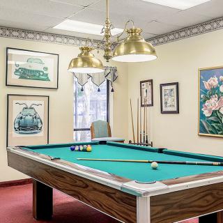 A well-decorated billiard room featuring a pool table, artistic wall decor, and cozy lighting.
