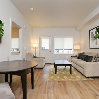 A modern and cozy living room with a sofa, coffee table, and stylish decor.