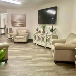 A cozy living room with armchairs, a large TV, and decorative plants.