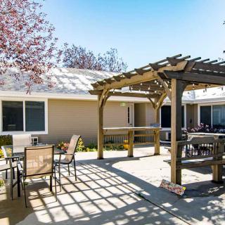 A sunny backyard patio with a pergola and outdoor furniture.