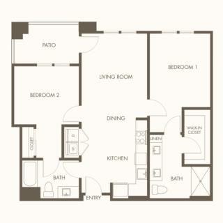 A floor plan of a two-bedroom apartment with labeled rooms including a living room, kitchen, and bathroom.