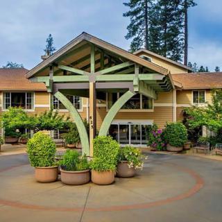A welcoming building entrance surrounded by lush greenery and potted plants.