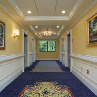 An elegant hallway with detailed carpet and wall art.