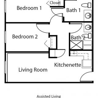 Assisted living apartment floor plan with two bedrooms, two bathrooms, a kitchenette, and a living room.
