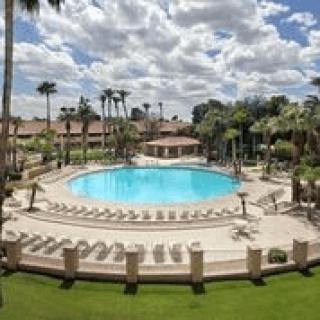 A luxurious resort swimming pool surrounded by palm trees under a partly cloudy sky.