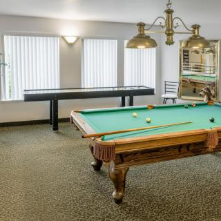 A well-lit game room featuring a classic pool table and a shuffleboard table.