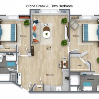 A floor plan of a two-bedroom apartment, showcasing the layout and interior design.