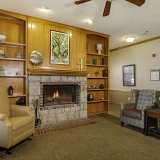 A cozy living room with a fireplace, armchairs, and wooden shelves.