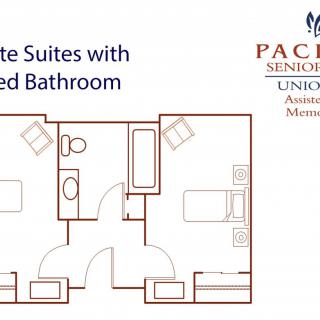 Floor plan of a shared suite with a common bathroom in a senior living facility.
