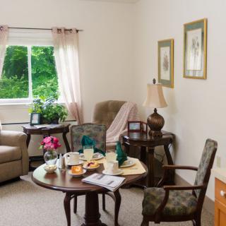 A cozy living room with a small table set for tea, surrounded by chairs and adorned with plants and decor.