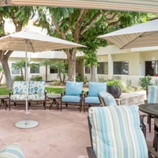 A serene outdoor patio area with comfortable seating and umbrellas, surrounded by lush greenery.