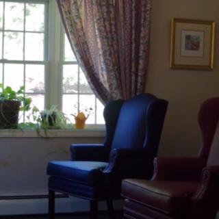 A cozy living room featuring armchairs by a sunlit window adorned with plants and drapes.