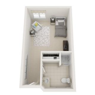 An overhead view of a compact bedroom layout with an attached bathroom.