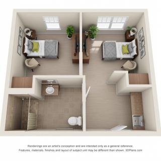A detailed 3D floor plan of a two-bedroom residential unit, showcasing furniture placement and room layout.