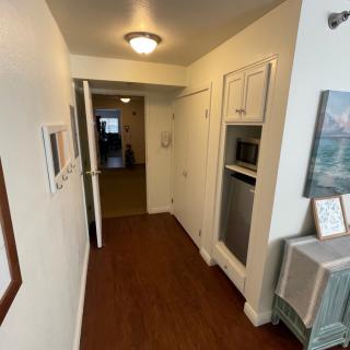 A view of a hallway with hardwood flooring, featuring a door and artwork on the walls.