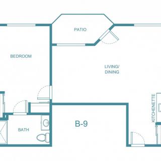 A detailed floor plan of a one-bedroom apartment featuring a bathroom, living/dining area, kitchen, and a patio.