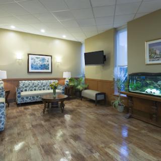 A cozy waiting area featuring comfortable seating and an aquarium.